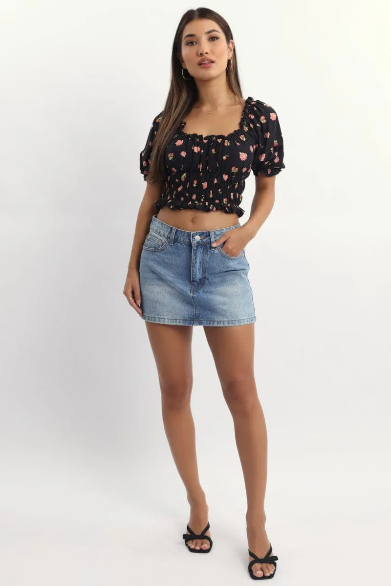 Black Ditsy Shirred Top Short Sleeve Square Neck Frill Details sold by Ally Fashion product image thumbnail 2