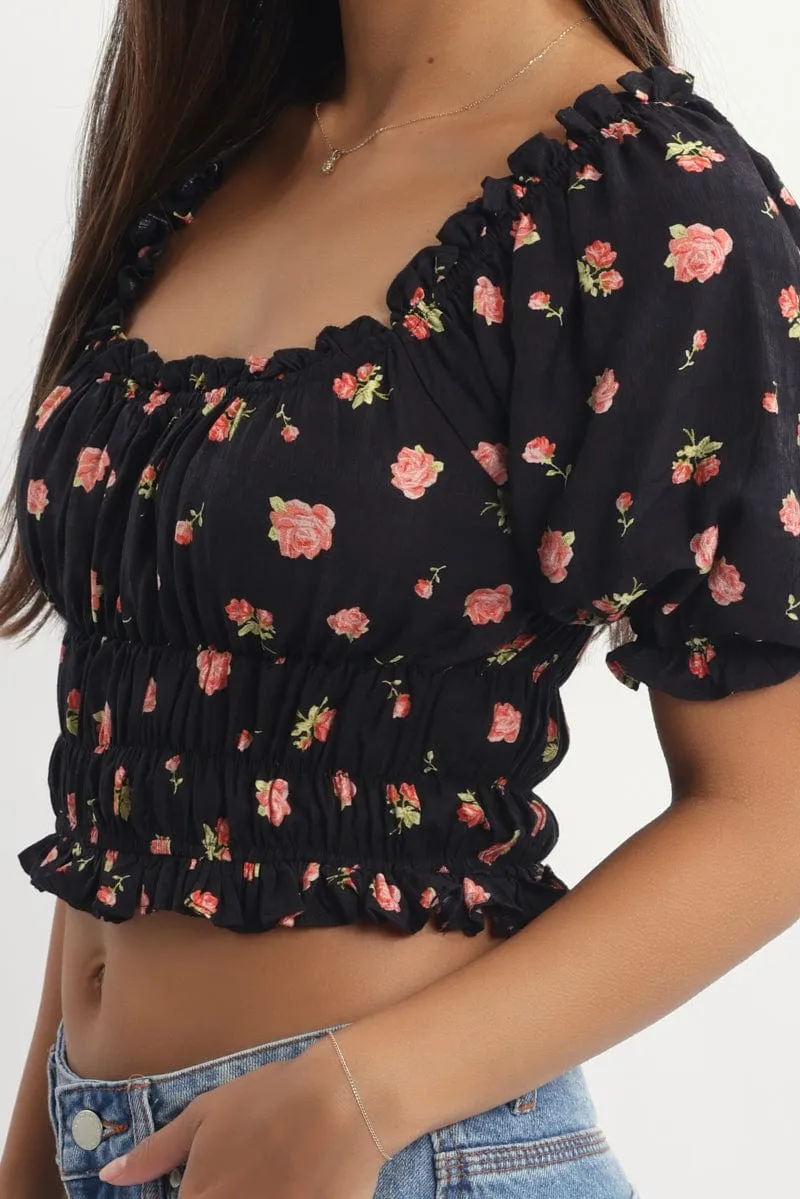 Black Ditsy Shirred Top Short Sleeve Square Neck Frill Details sold by Ally Fashion product image thumbnail 5