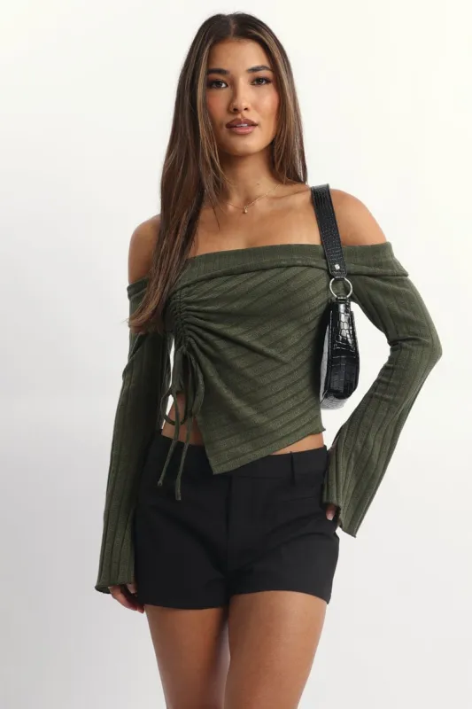 Green Off Shoulder Top Long Sleeve Ruched sold by Ally Fashion