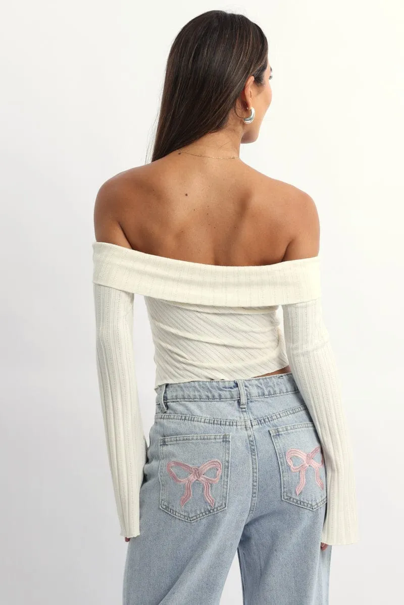 White Off Shoulder Top Long Sleeve Ruched sold by Ally Fashion product image thumbnail 4