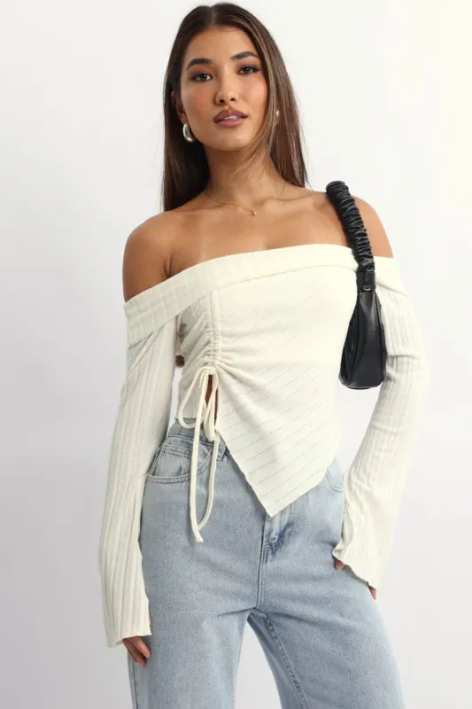 White Off Shoulder Top Long Sleeve Ruched sold by Ally Fashion