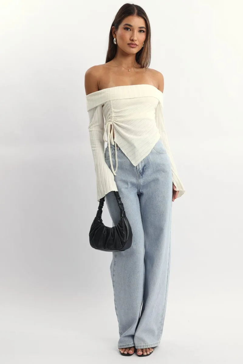 White Off Shoulder Top Long Sleeve Ruched sold by Ally Fashion product image thumbnail 2
