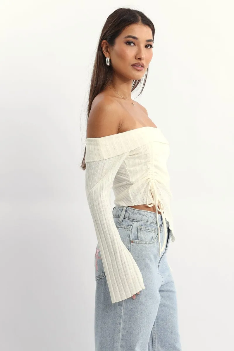 White Off Shoulder Top Long Sleeve Ruched sold by Ally Fashion product image thumbnail 3