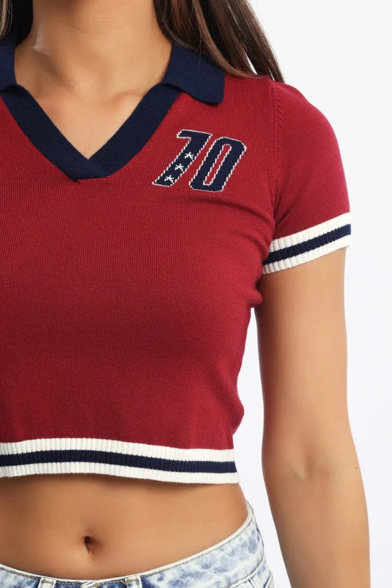 Red Knit Top Short Sleeve Collared sold by Ally Fashion product image thumbnail 5