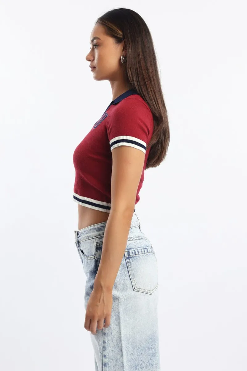 Red Knit Top Short Sleeve Collared sold by Ally Fashion product image thumbnail 3