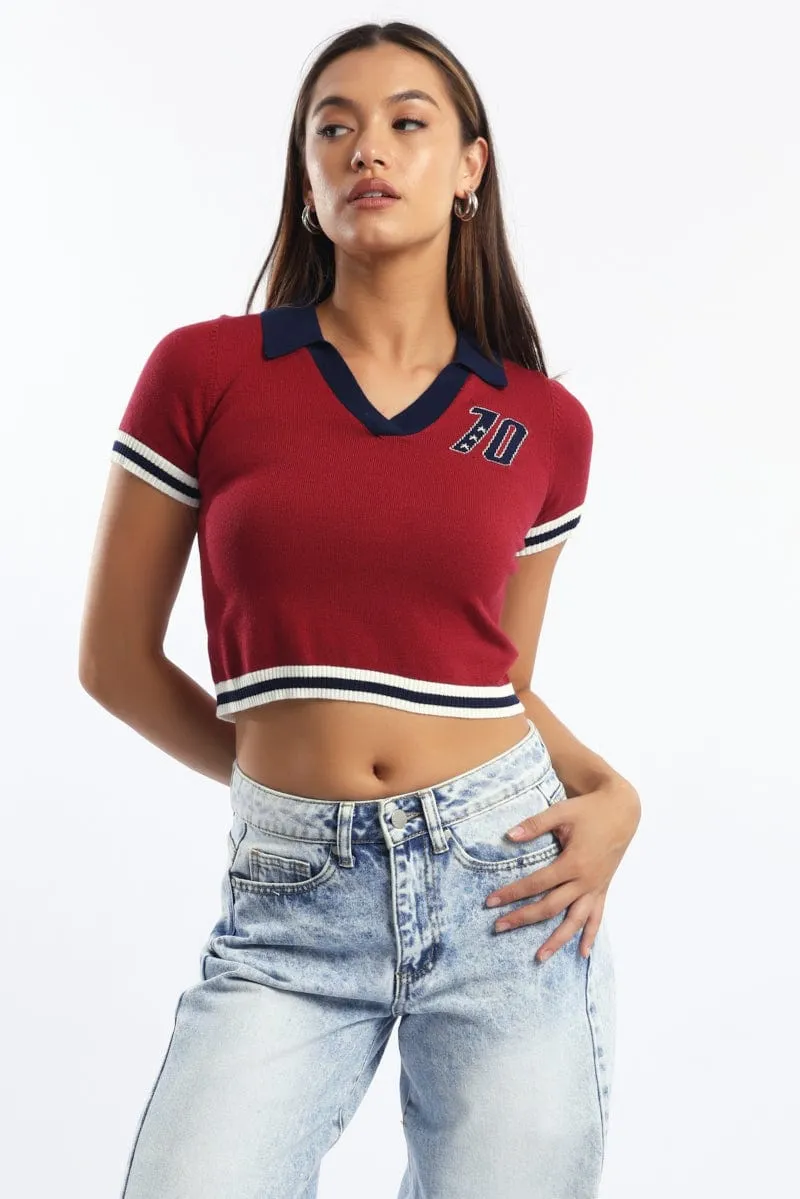 Red Knit Top Short Sleeve Collared sold by Ally Fashion