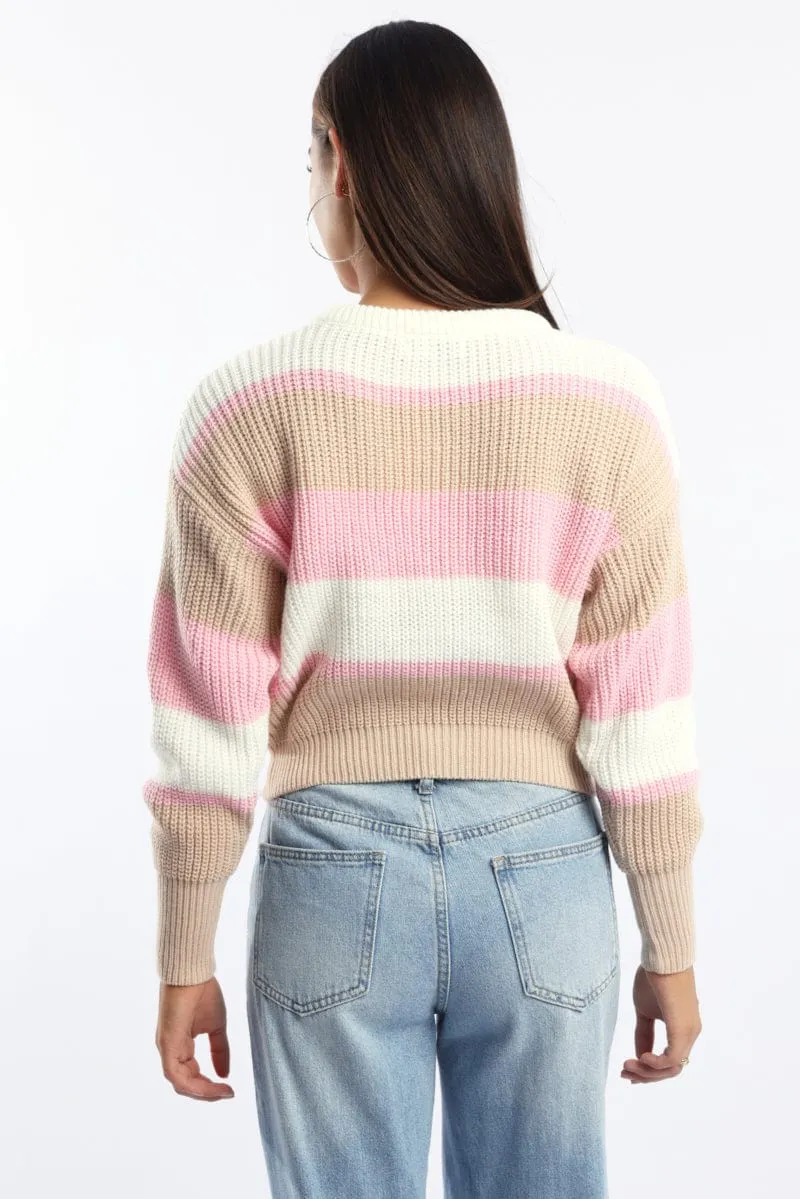 Pink Stripe Knit Top Long Sleeve Color Block sold by Ally Fashion product image thumbnail 4