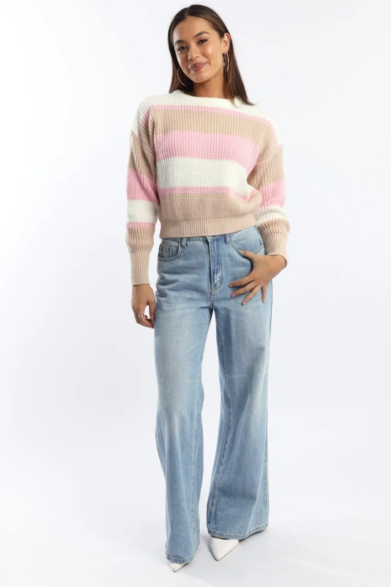 Pink Stripe Knit Top Long Sleeve Color Block sold by Ally Fashion product image thumbnail 2