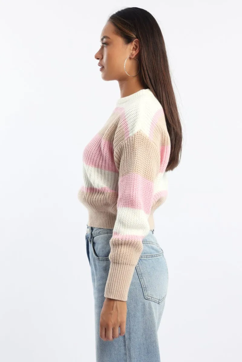 Pink Stripe Knit Top Long Sleeve Color Block sold by Ally Fashion product image thumbnail 3