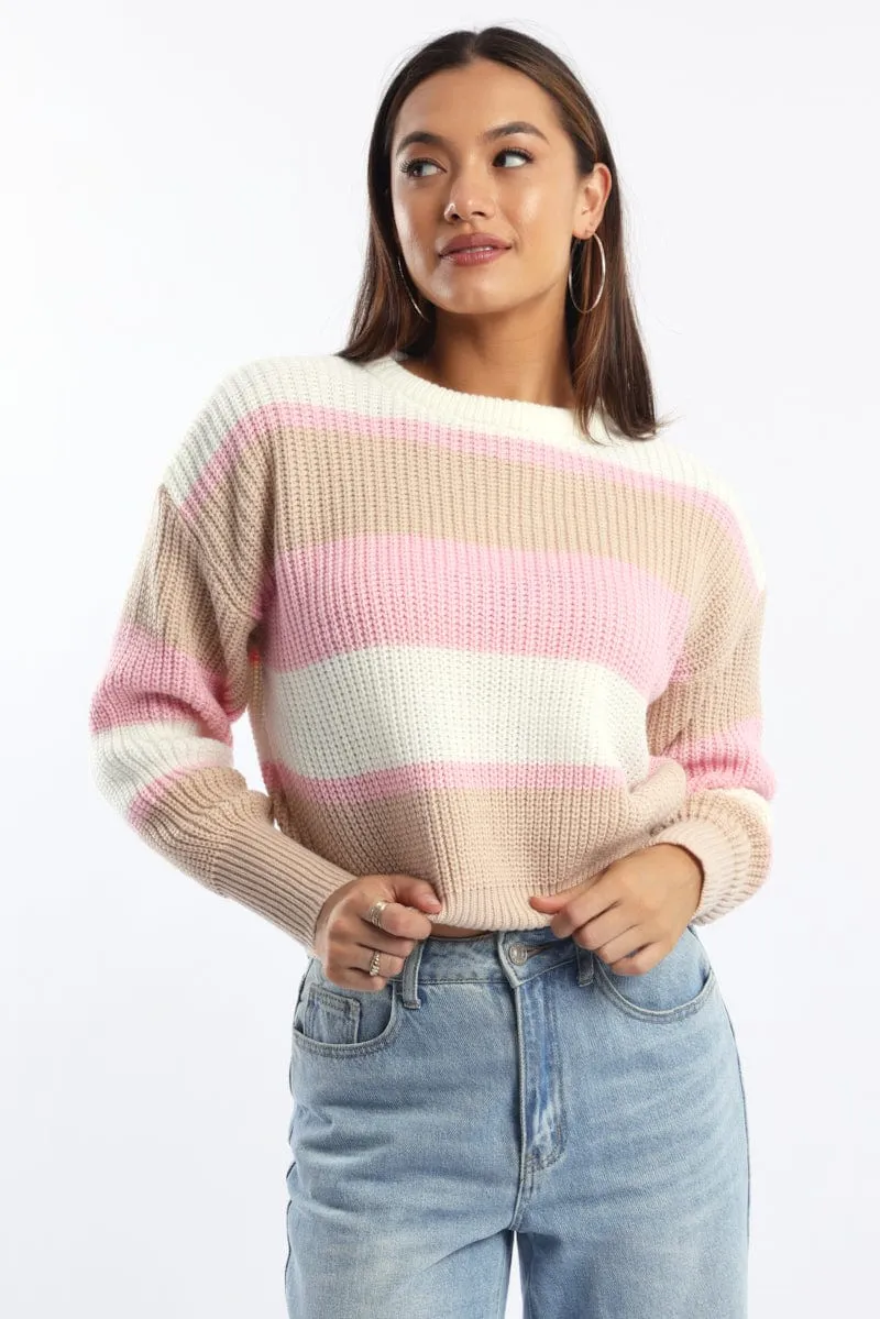 Pink Stripe Knit Top Long Sleeve Color Block sold by Ally Fashion