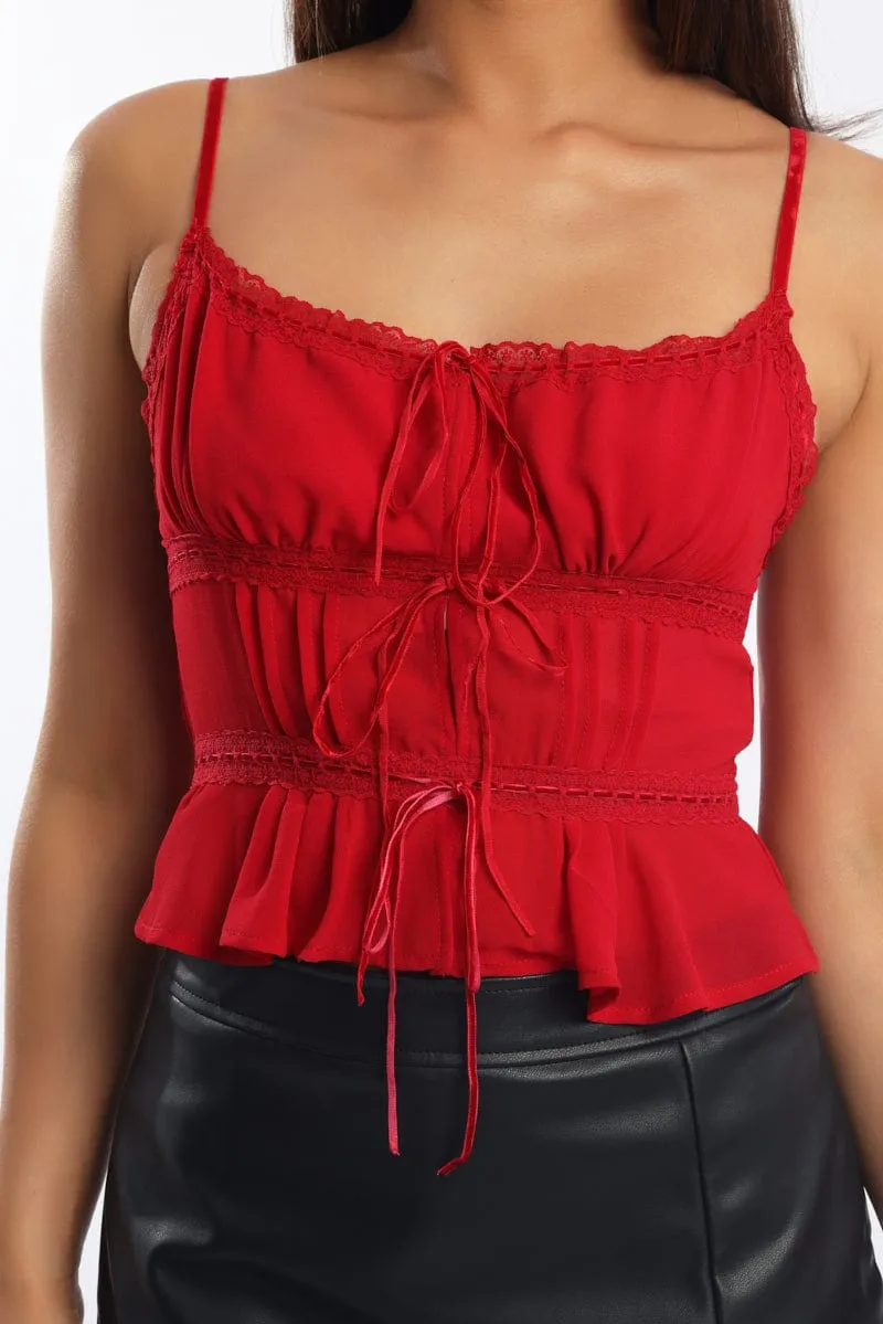 Red Chiffon Cami Tie Front Lace Trim sold by Ally Fashion product image thumbnail 5