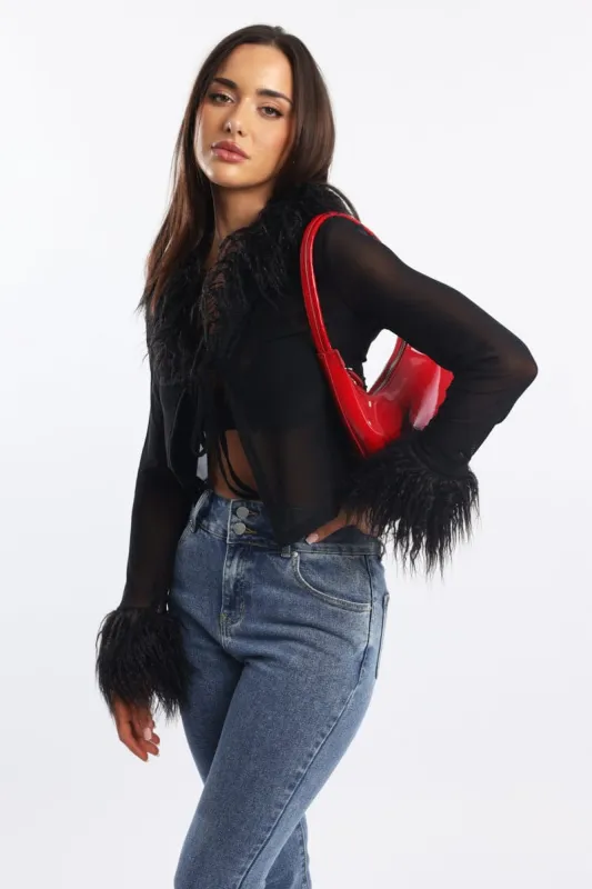 Black Top Faux Fur Neckline And Cuff sold by Ally Fashion