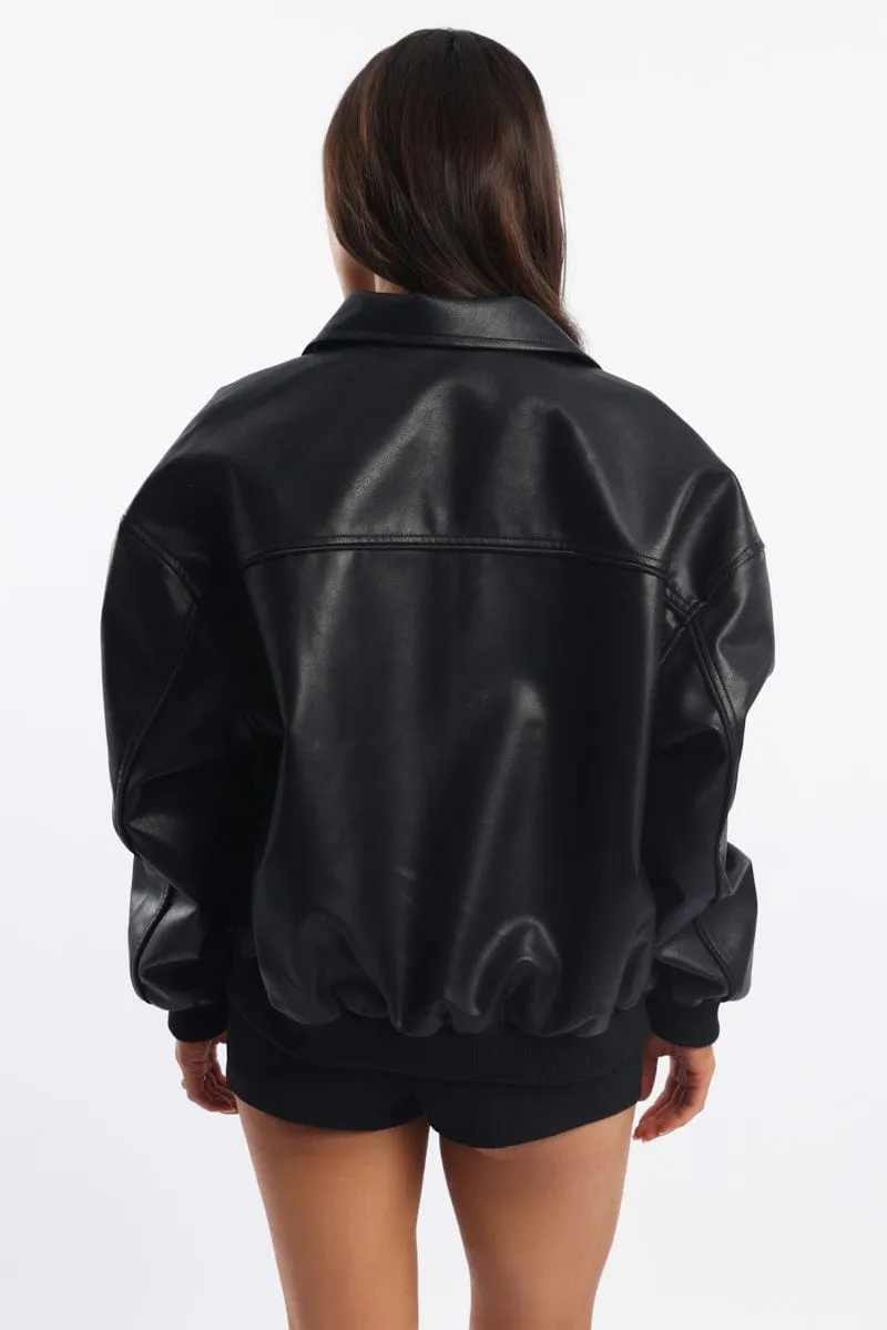 Black Bomber Jacket Faux Leather sold by Ally Fashion product image thumbnail 4