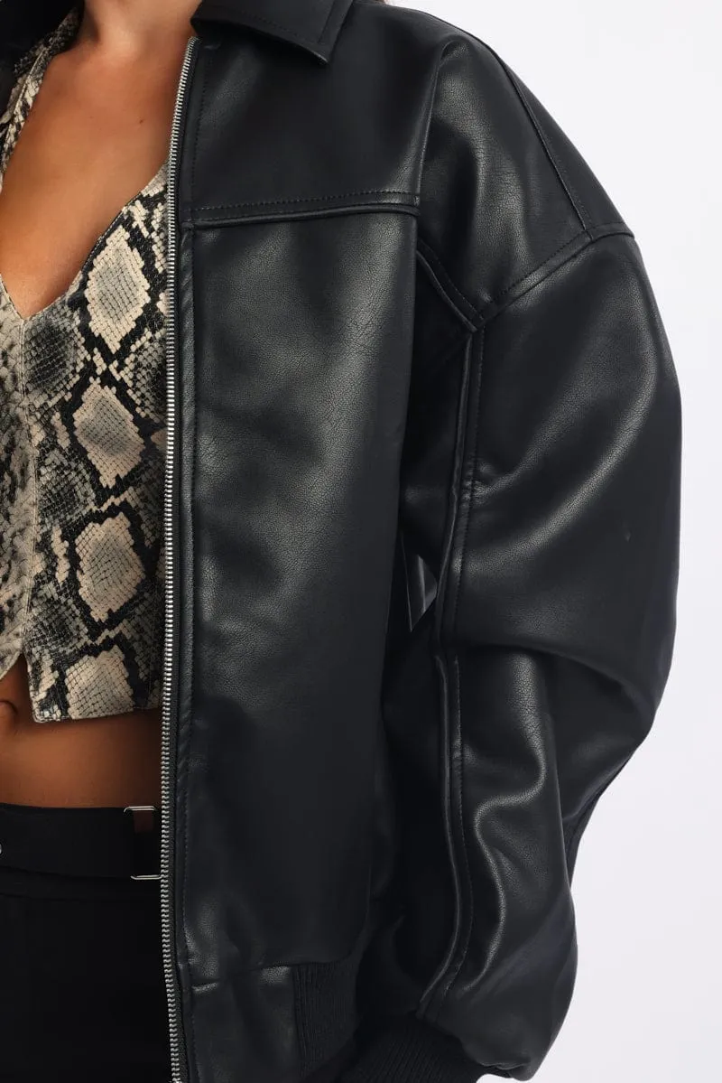 Black Bomber Jacket Faux Leather sold by Ally Fashion product image thumbnail 5