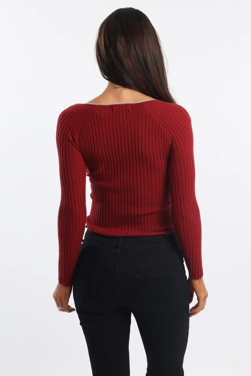 Red Knit Top Long Sleeve Wrap Front Contrast Ribbon sold by Ally Fashion product image thumbnail 4