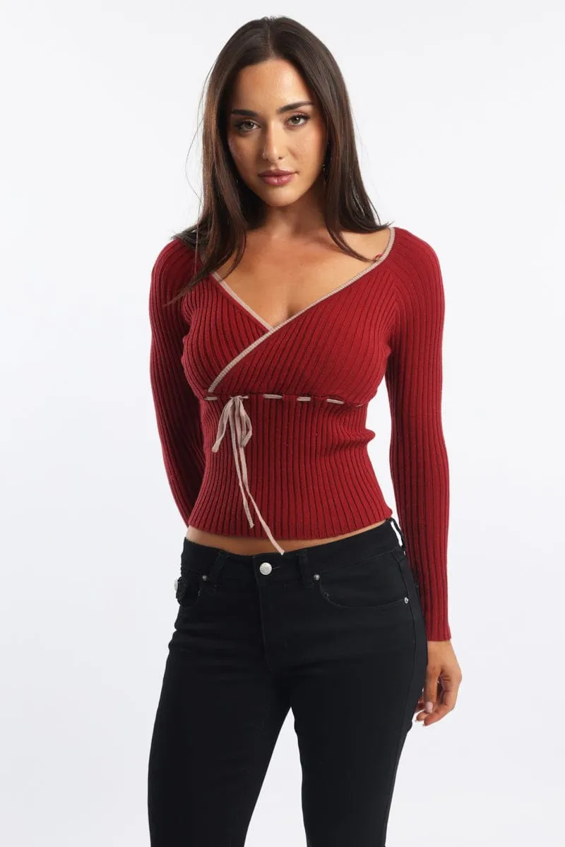 Red Knit Top Long Sleeve Wrap Front Contrast Ribbon sold by Ally Fashion