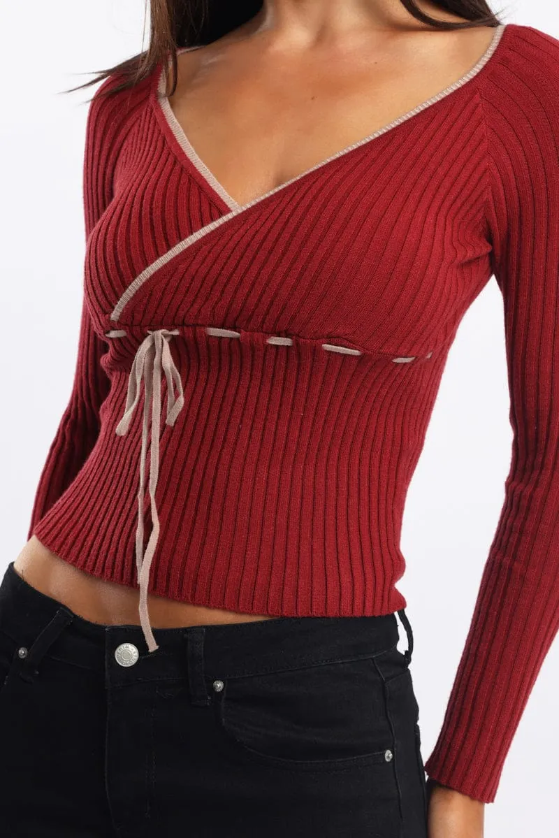 Red Knit Top Long Sleeve Wrap Front Contrast Ribbon sold by Ally Fashion product image thumbnail 5