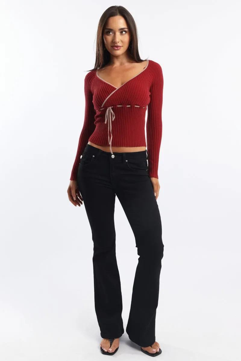 Red Knit Top Long Sleeve Wrap Front Contrast Ribbon sold by Ally Fashion product image thumbnail 2