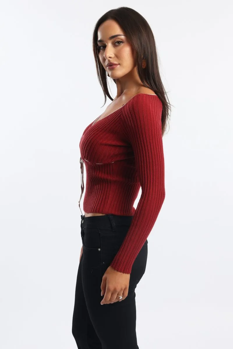 Red Knit Top Long Sleeve Wrap Front Contrast Ribbon sold by Ally Fashion product image thumbnail 3