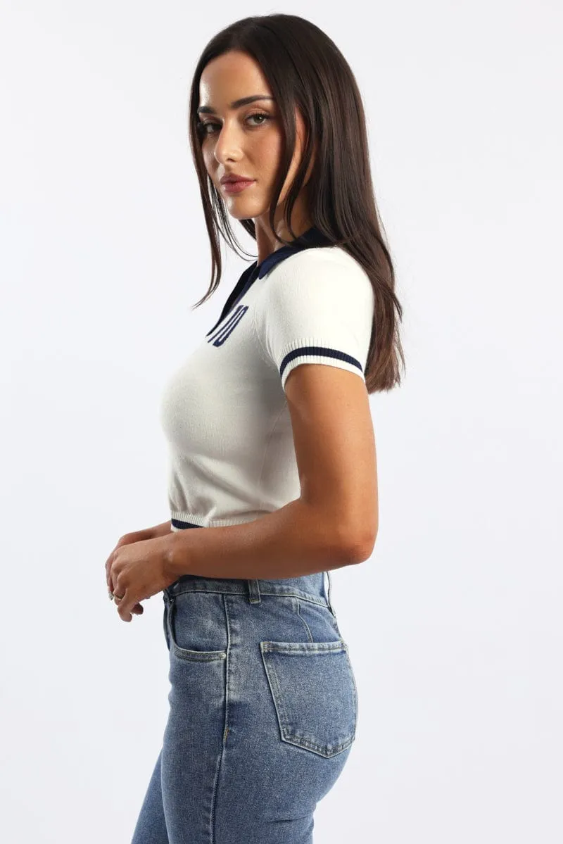 White Knit Top Short Sleeve Collared sold by Ally Fashion product image thumbnail 3