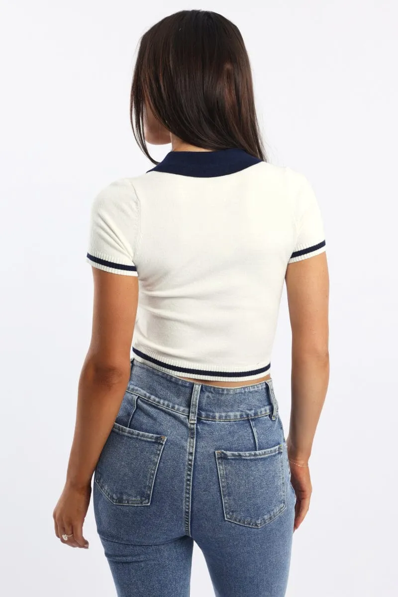 White Knit Top Short Sleeve Collared sold by Ally Fashion product image thumbnail 4