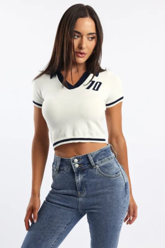 White Knit Top Short Sleeve Collared sold by Ally Fashion