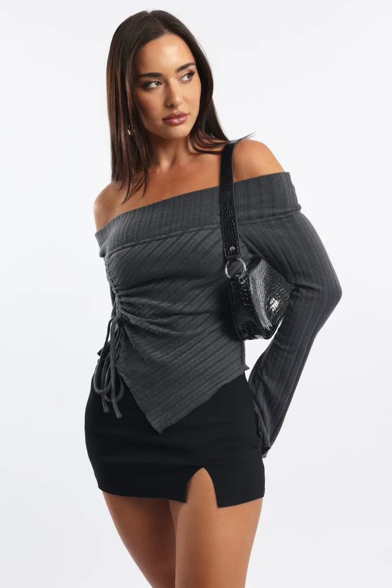 Grey Off Shoulder Top Long Sleeve Ruched sold by Ally Fashion