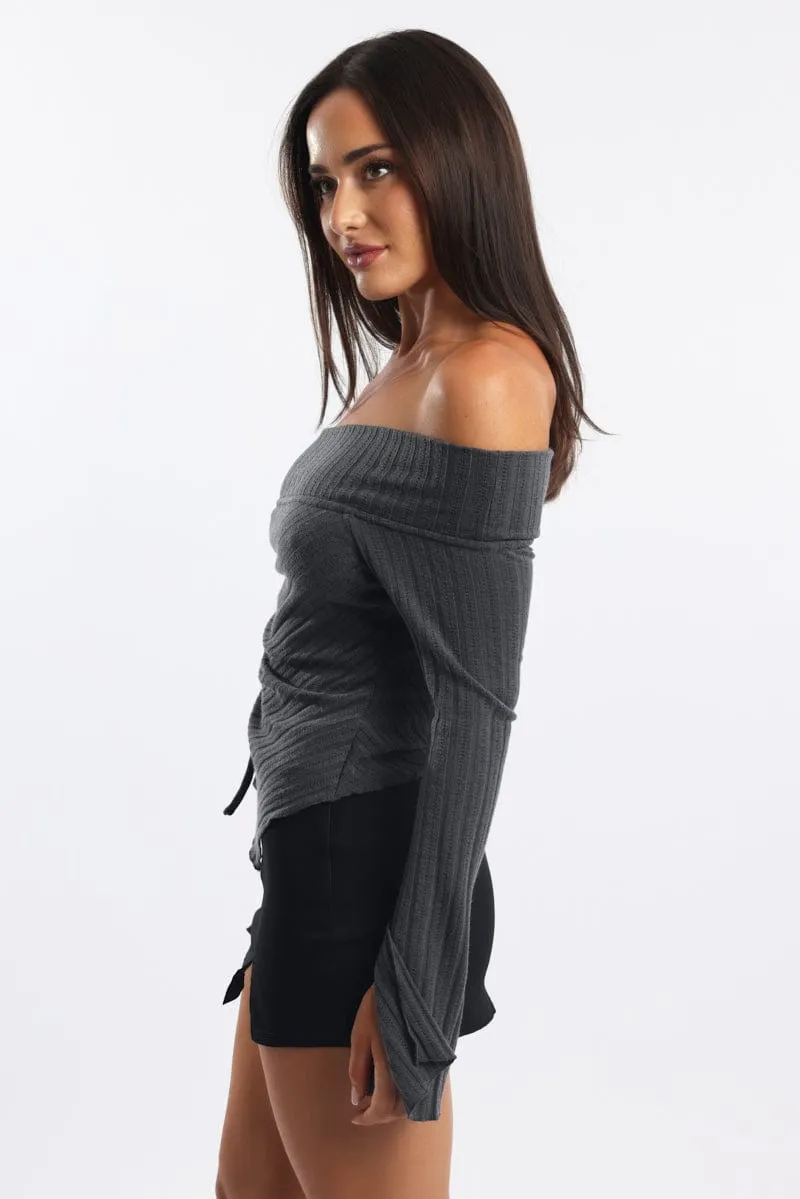 Grey Off Shoulder Top Long Sleeve Ruched sold by Ally Fashion product image thumbnail 3