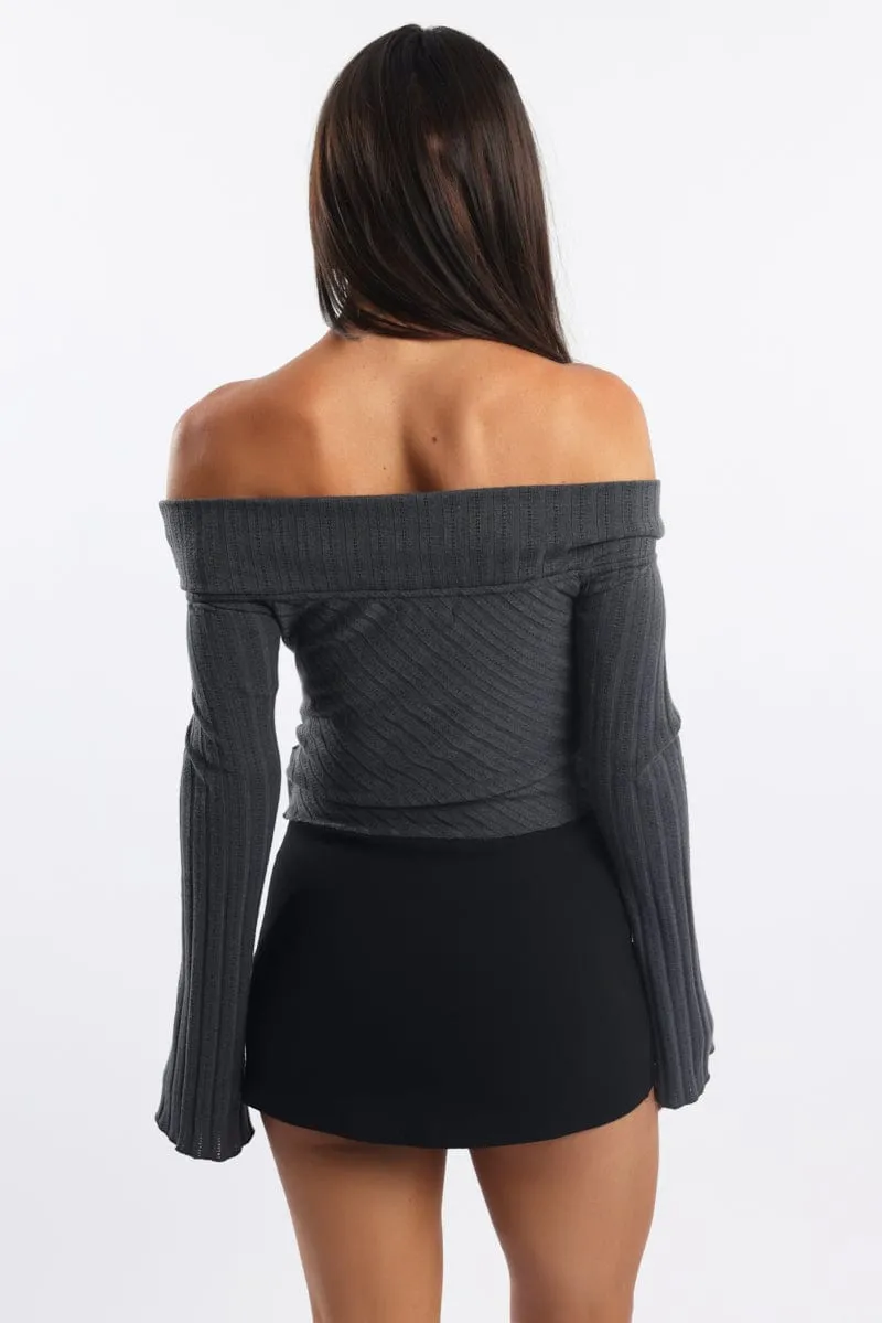Grey Off Shoulder Top Long Sleeve Ruched sold by Ally Fashion product image thumbnail 4