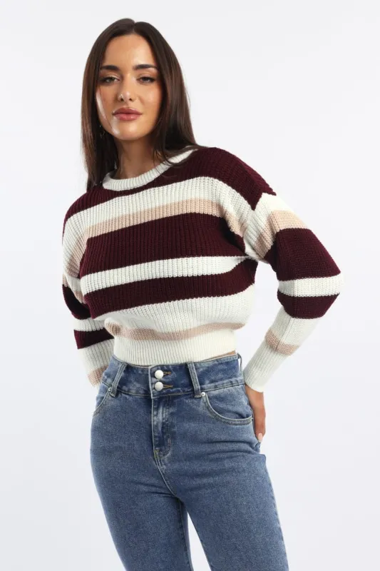 Red Stripe Knit Top Long Sleeve Color Block sold by Ally Fashion