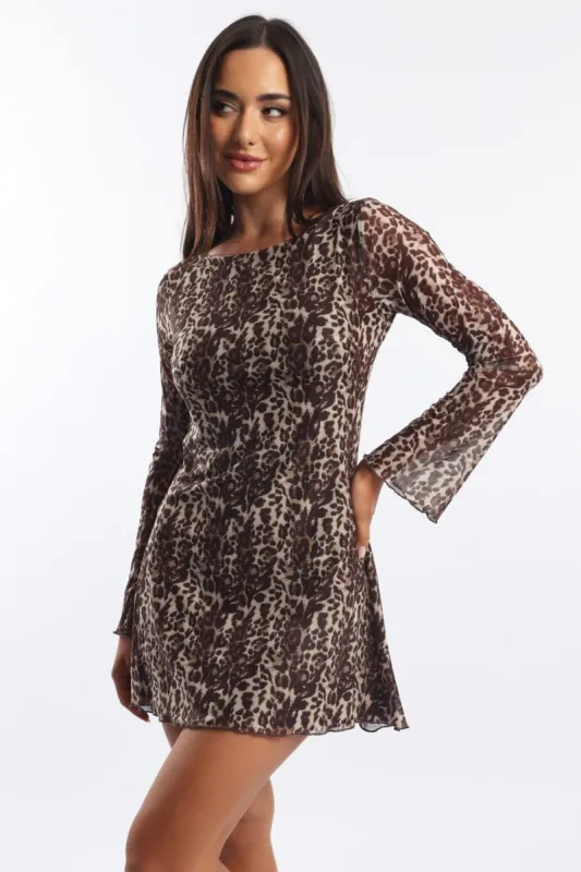 Brown Animal Print Mini Dress Long Sleeve sold by Ally Fashion