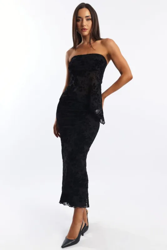 Black Floral Burnout Skirt Elasticated Picot Trim Midaxi sold by Ally Fashion