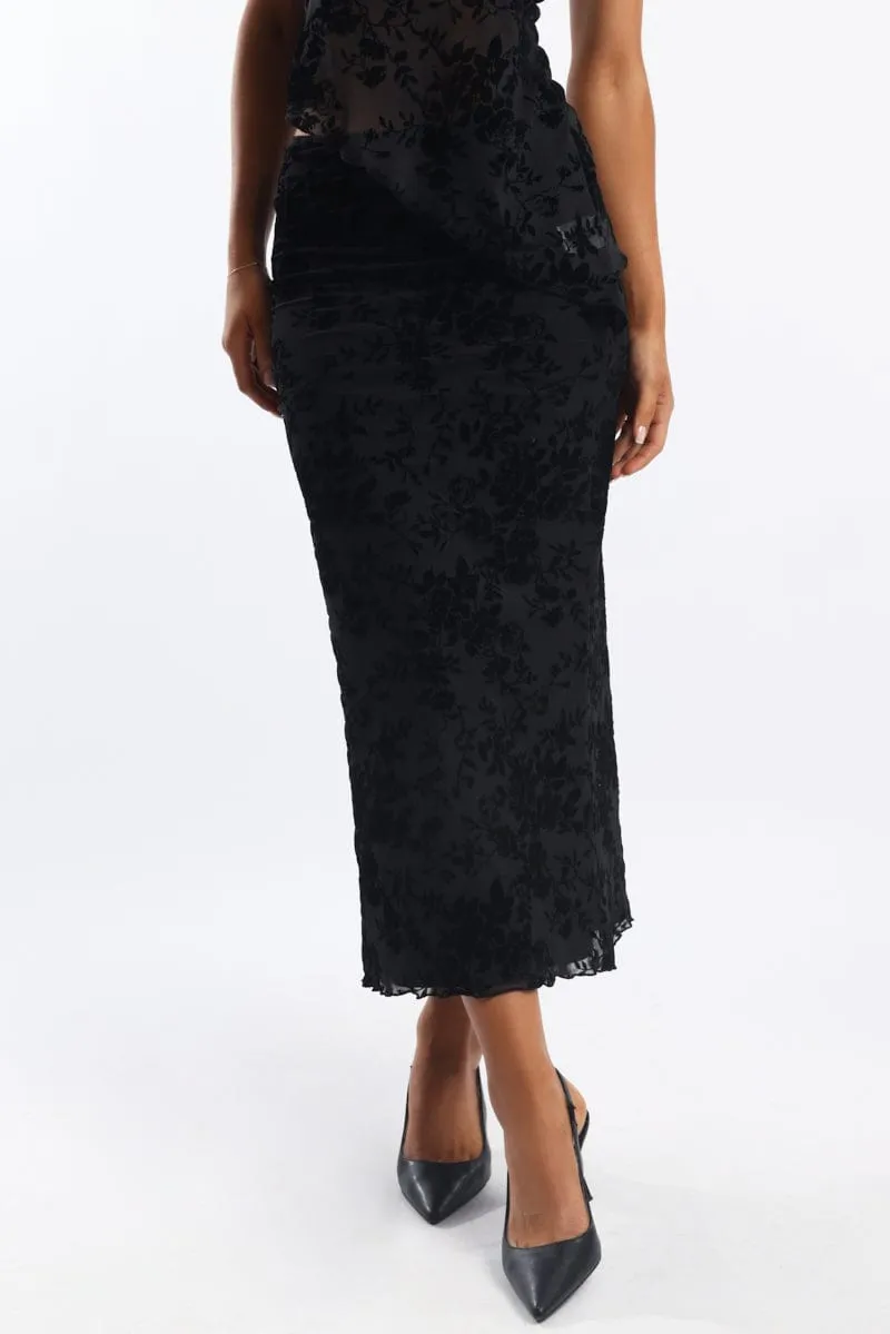 Black Floral Burnout Skirt Elasticated Picot Trim Midaxi sold by Ally Fashion product image thumbnail 2