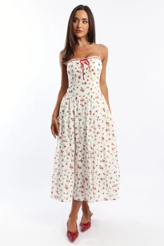 White Floral Maxi Dress Satin Tape Detail sold by Ally Fashion
