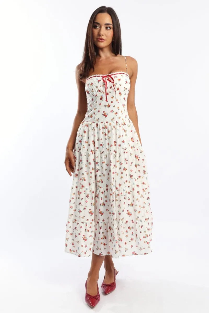 White Floral Maxi Dress Satin Tape Detail sold by Ally Fashion