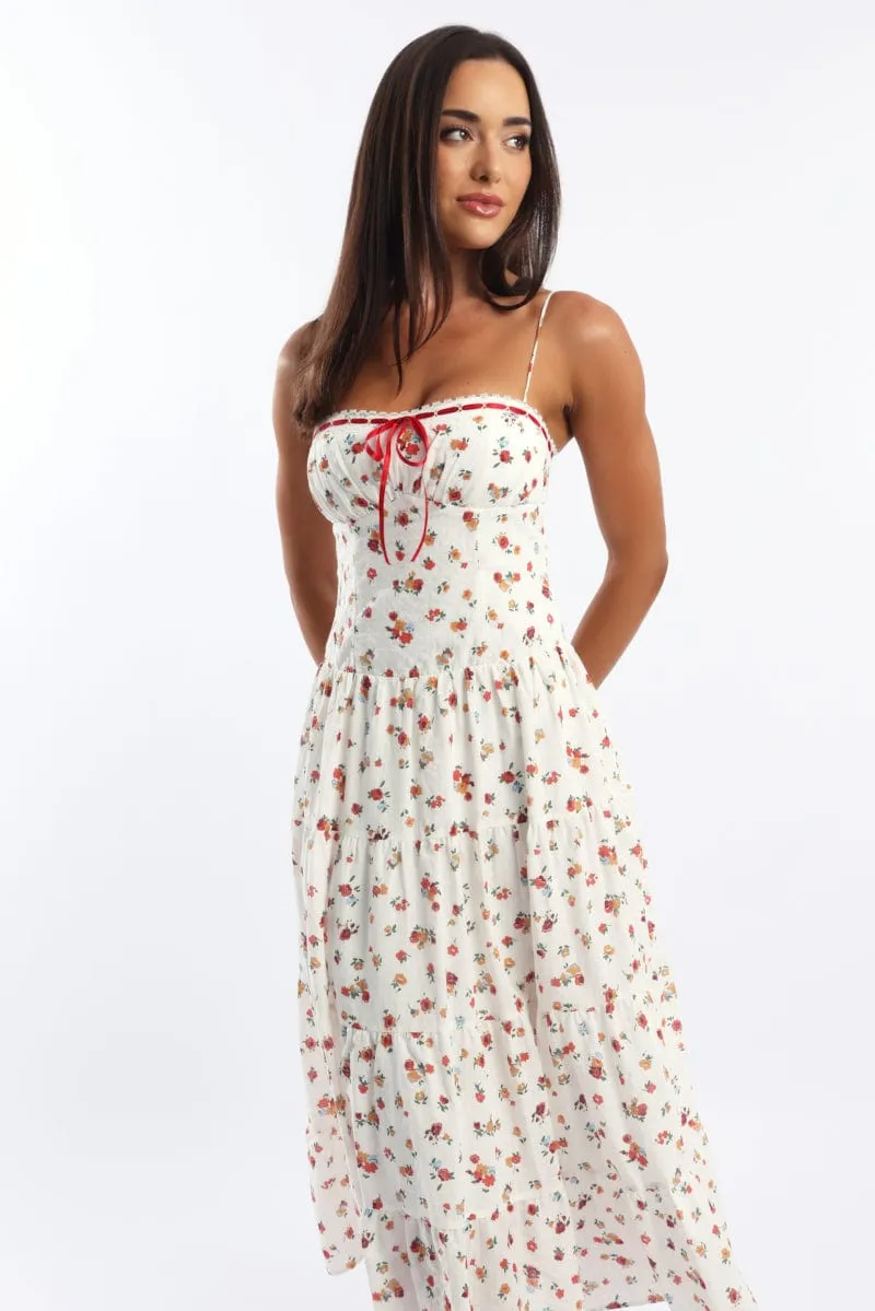 White Floral Maxi Dress Satin Tape Detail sold by Ally Fashion product image thumbnail 2