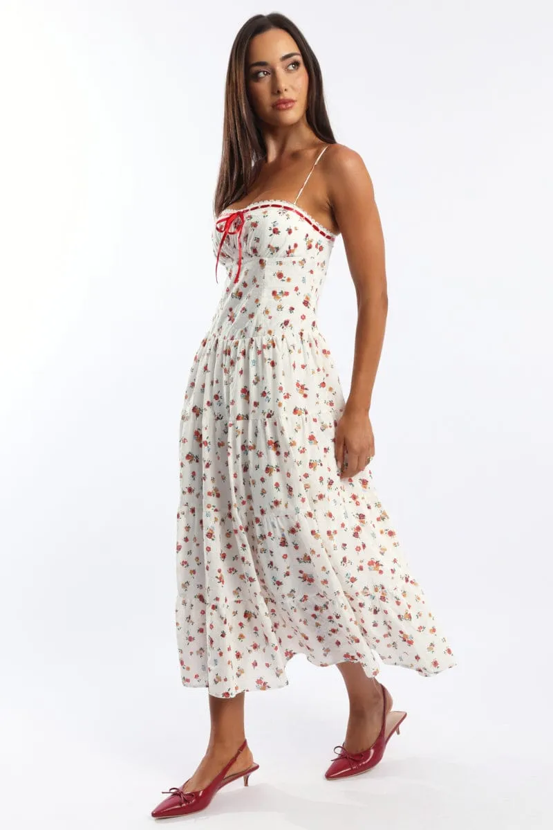 White Floral Maxi Dress Satin Tape Detail sold by Ally Fashion product image thumbnail 3