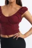 Red Crop Top Short Sleeve V Neck Button Details sold by Ally Fashion