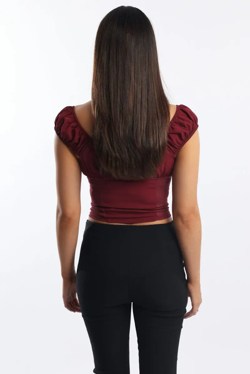 Red Crop Top Short Sleeve V Neck Button Details sold by Ally Fashion product image thumbnail 4