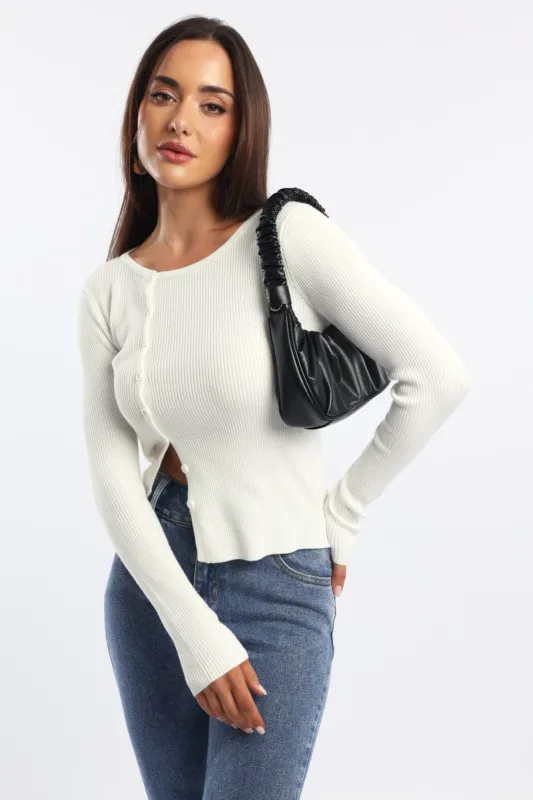 White Knit Cardigan Long Sleeve Crew Neck Button Up sold by Ally Fashion