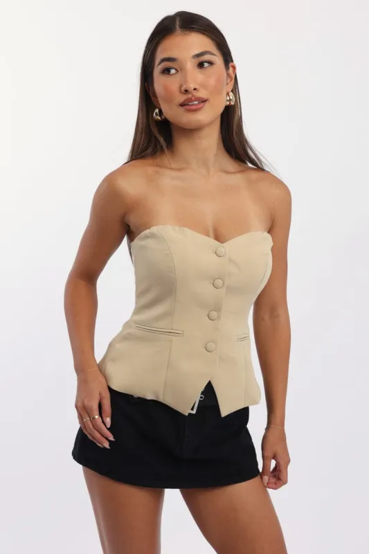 Beige Bandeau Vest Sleeveless Sweetheart Tailored sold by Ally Fashion