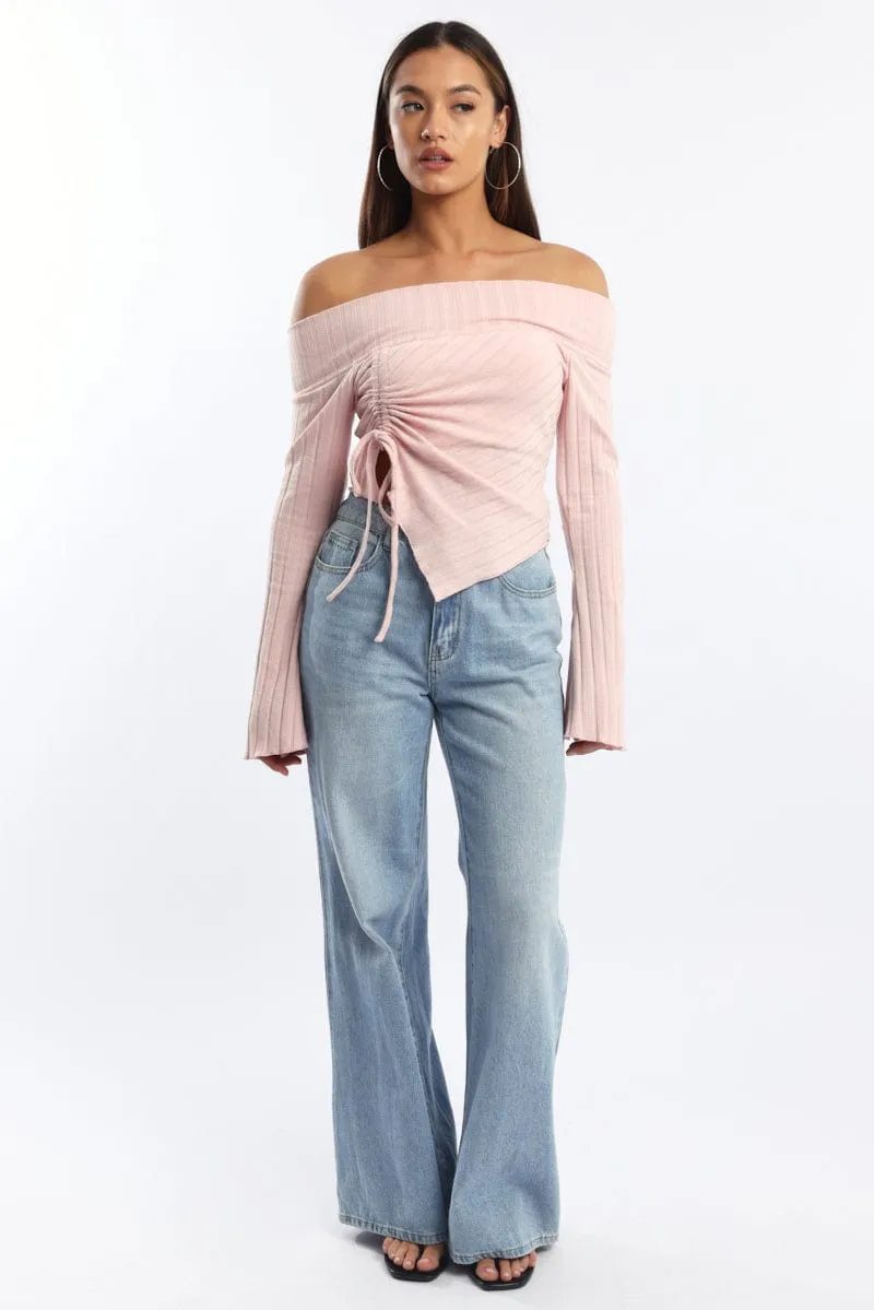 Pink Off Shoulder Top Long Sleeve Ruched sold by Ally Fashion product image thumbnail 3