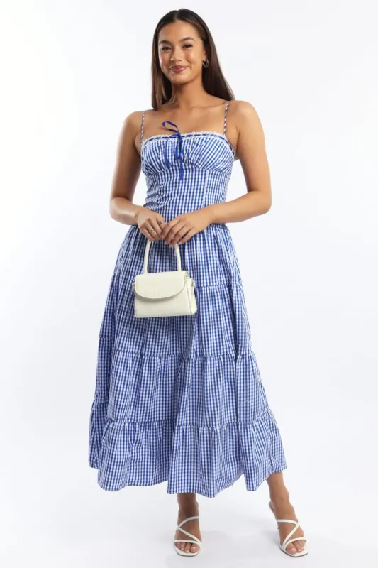 Blue Check Maxi Dress Satin Tape Detail sold by Ally Fashion