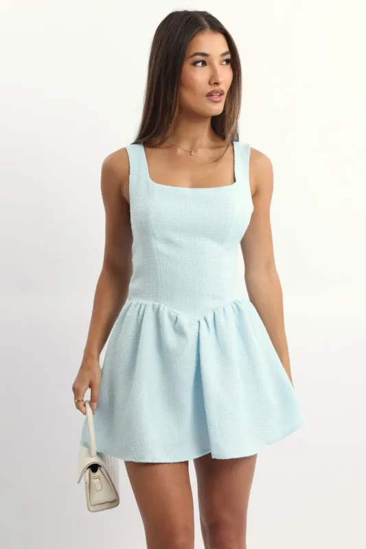 Blue Mini Dress Square Neck Tweed Fabric sold by Ally Fashion