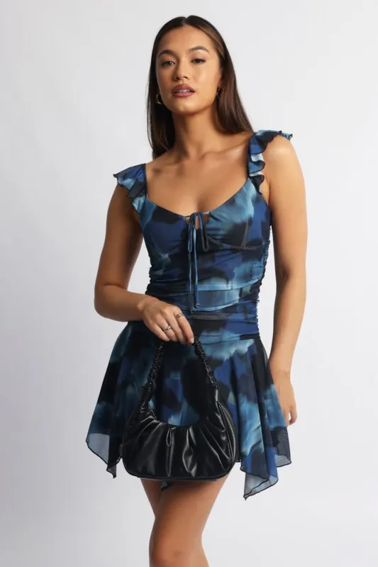 Blue Floral A-Line Dress Frilled Sleeve Mini Lace sold by Ally Fashion