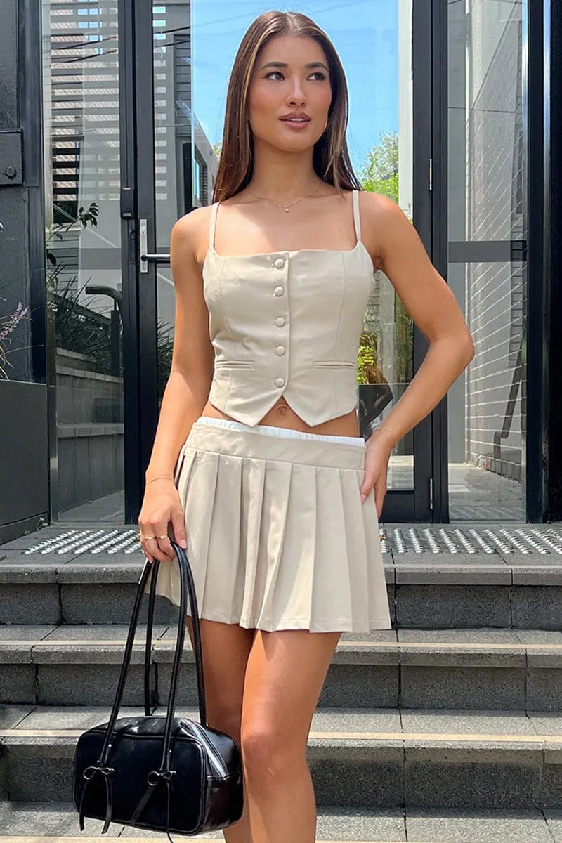 Beige Pleated Skirt High Waisted Contrast Waistband sold by Ally Fashion