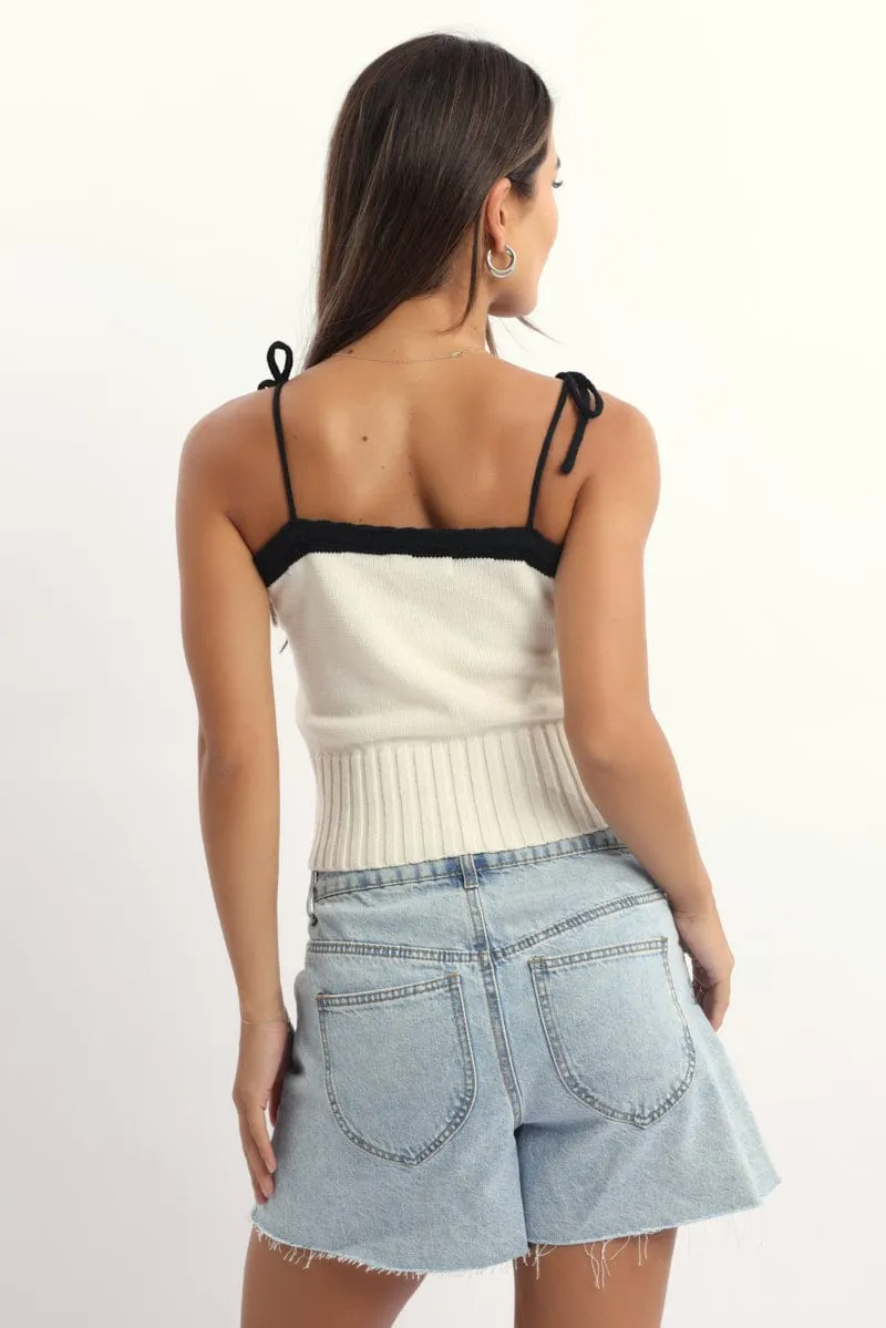 White Knit Top Sleeveless Contrast Ribbon sold by Ally Fashion product image thumbnail 4
