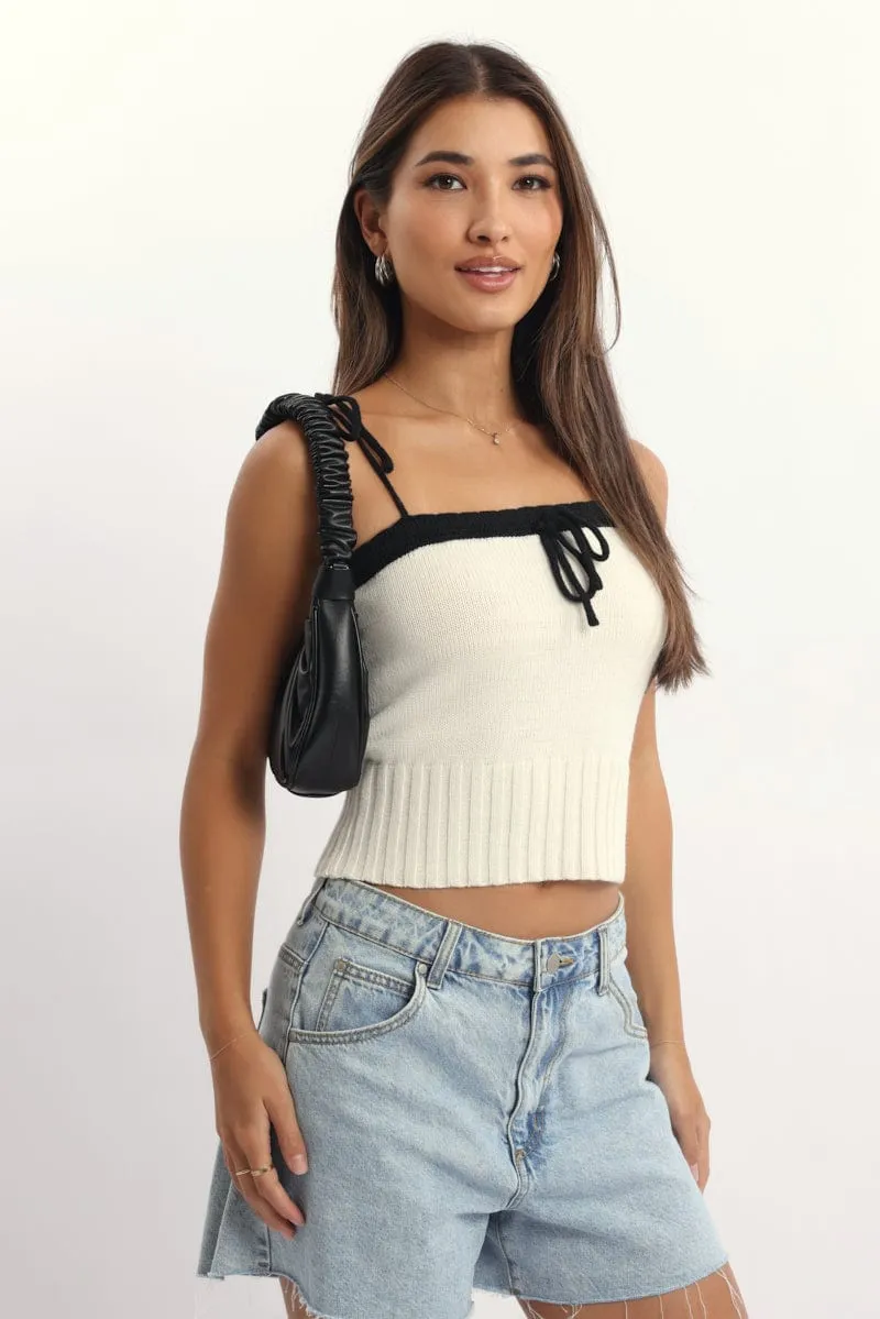 White Knit Top Sleeveless Contrast Ribbon sold by Ally Fashion