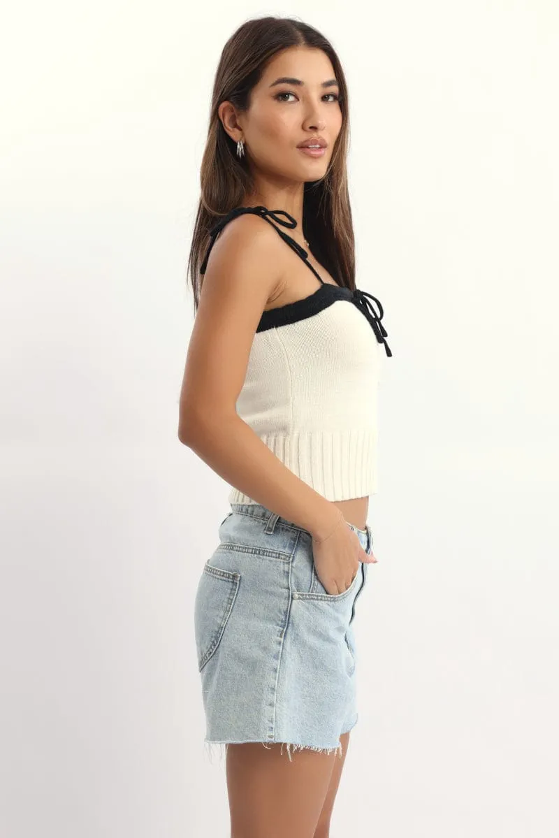 White Knit Top Sleeveless Contrast Ribbon sold by Ally Fashion product image thumbnail 3
