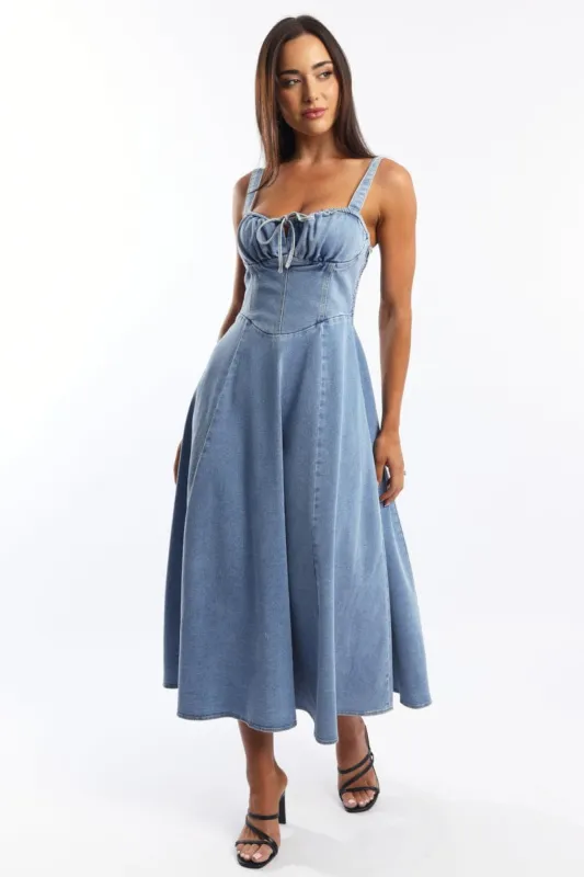 Blue Midi Dress Gathered Bust sold by Ally Fashion